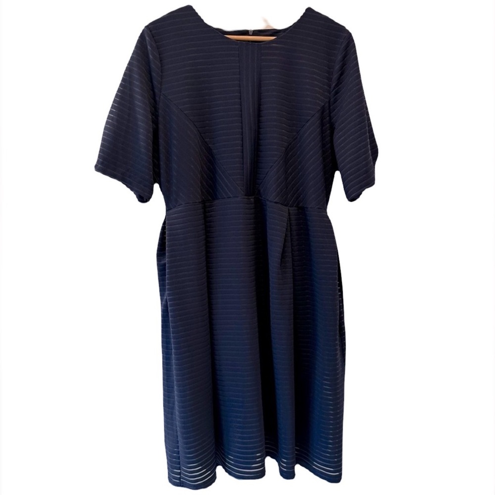 Ella Mae Navy Blue Short Sleeve Stripe Textured Midi Dress Size XL